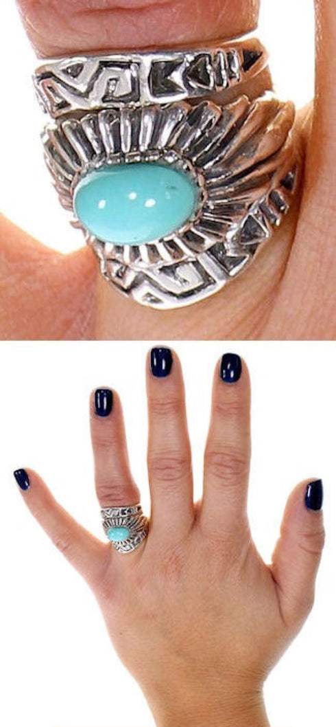 Stackable Turquoise Southwestern Authentic Sterling Silver Ring Set Size 6-1/4 QX83935